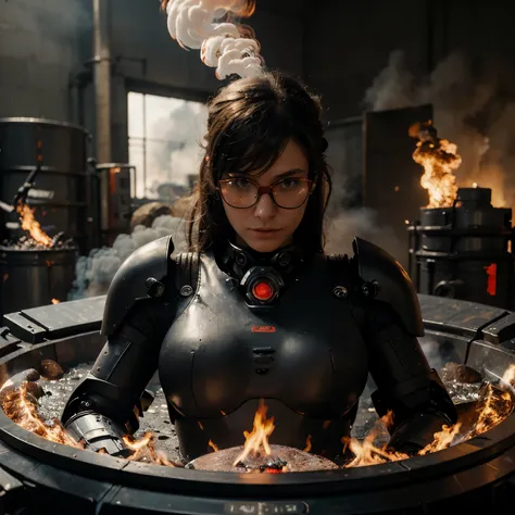 Absurd resolution, high resolution, (masterpiece: 1.4), hyper-detail, a mech, black armor, large warehouse, open eyes, red glasses, facing the lens, fire, body power stove heat, robotic arm with flames and white smoke on its hands