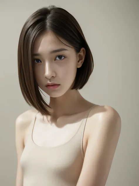 High resolution、Fashion Model、droopy eyes。short hair、slender body、high nose、sad expression、、wearing a leotard、Neat and clean look、no makeup、Intelligent girl、bathing