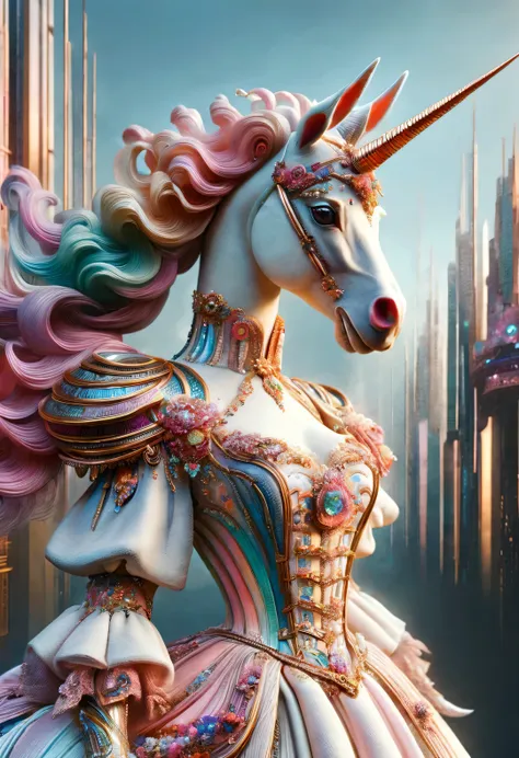 in style of neo futurism, （an anthropomorphic unicorn beast dressed in the elegant coiffure and pink clothing of an 18th-century...