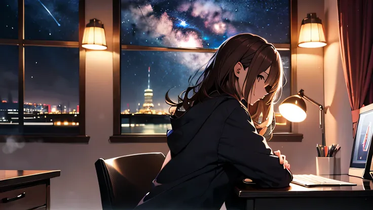 by night　study　profile　on the desk　One&#39;Home　full shot　fantasy　brown hair　warm light　large closed window　shooting star