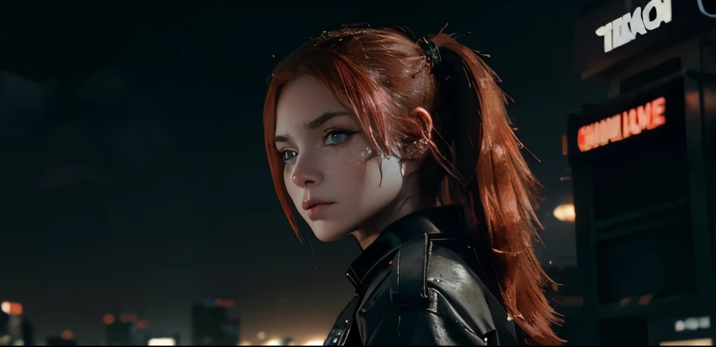 A teenage girl with a medium ponytail behind red hair, face burned and left ear covered in cybernetics.  La couleur de ses yeux sont grises. Sa tenue est noir. Elle regarde lhorizon, the background is a cyberpunk city. 