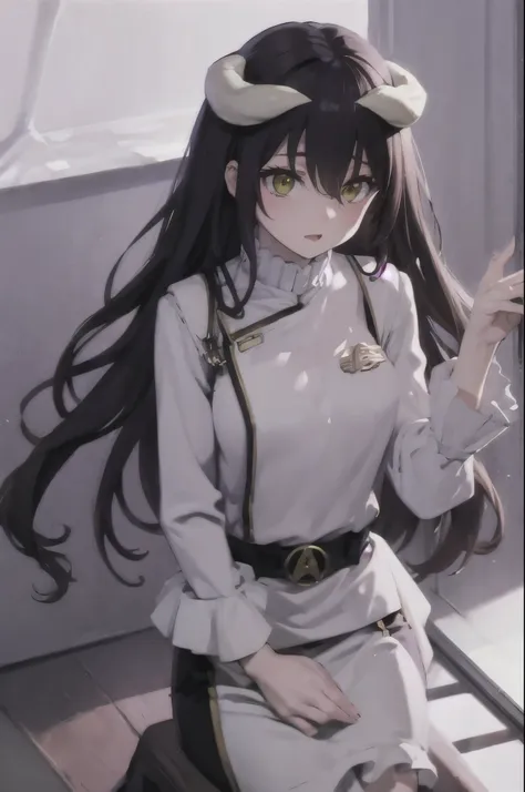 albedo \(overlord\), white horns, demon horns, slit pupils red twokunf uniform