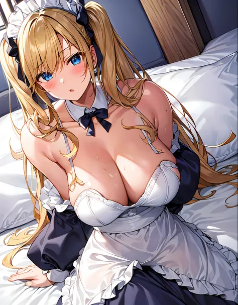 masterpiece,best quality,bed room,(Very cute girl:1.4),blush,:o,Glowing and sweaty skin,(big bust:1.3),maid headdress,maid costume,(twin tail,long blonde hair:1.2) BREAK hair bow,drooping blue eyes, pooh,