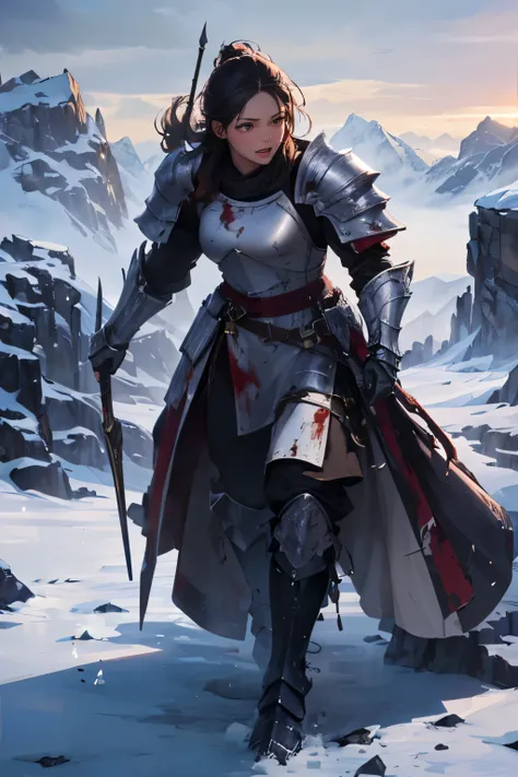 (best quality,4K,8k,high resolution,masterpiece:1.2),Super detailed,(actual,photoactual,photo-actual:1.37),cliff,snow mountain,Female general,intense anger and determination,Severely damaged heavy armor,exhausted,But extremely excited,Covered in blood from...