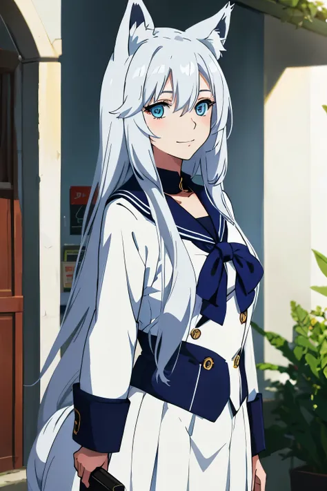 medium tits, teenage,  best quality, (masterpiece:1.2), highly detailed, street, sailor uniform
1girl,  looking at viewer, slight smile, blue eyes, medium hair, indoor,  silver hair, fox ears, fox tail