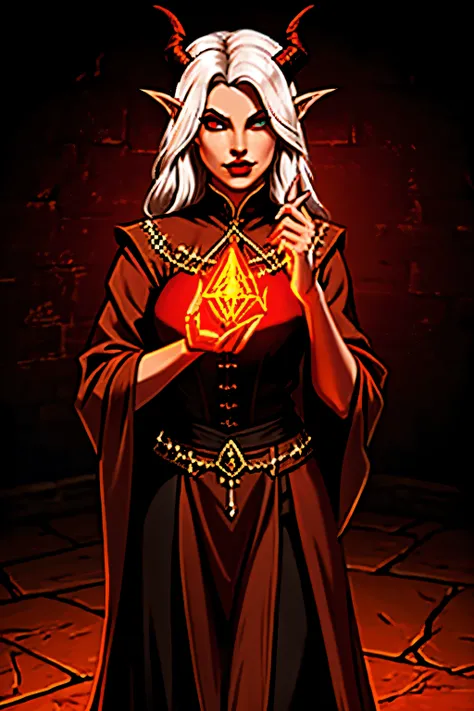 dnd style sorceress with powers of dream catching Tiefling red skin amber colored eyes brown horns and white hair fully clothed in a classic medieval outfit and robe
