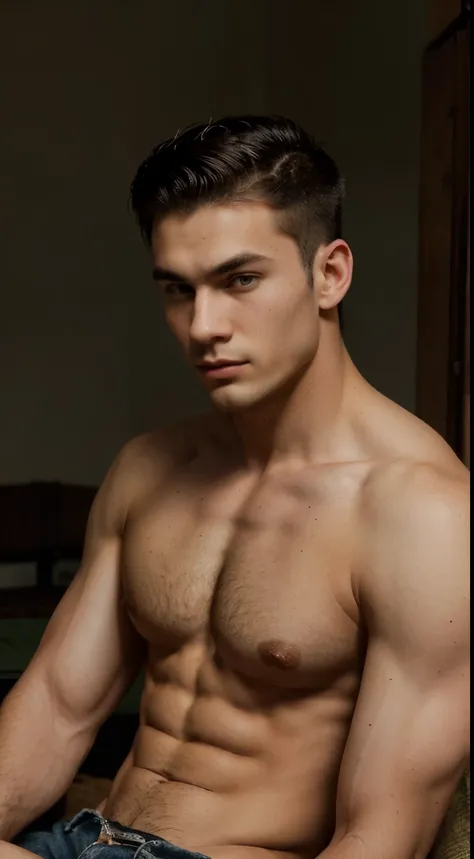 A portrait of a dominant alpha male, 20 years old, natty mascular with around 14% body fat, black hair color, sharp jawline with green eyes and sexy buzz cut, lightly trimmed facial hair, with an old money clothing style