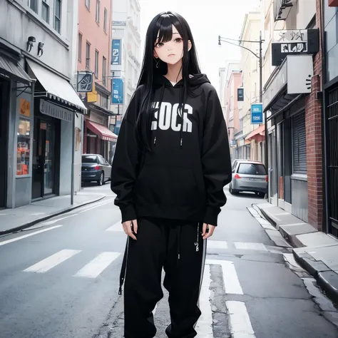 A beautiful and cute girl, long black hair, black and white hoodie, trousers, sneakers, decent attitude, tall, pretty