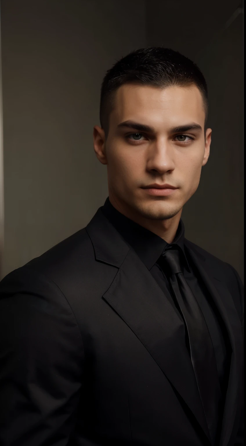 A portrait of a dominant alpha male, 20 years old, natty mascular with around 14% body fat, black hair color, sharp jawline with green eyes and sexy buzz cut, lightly trimmed facial hair, wearing a full black suit