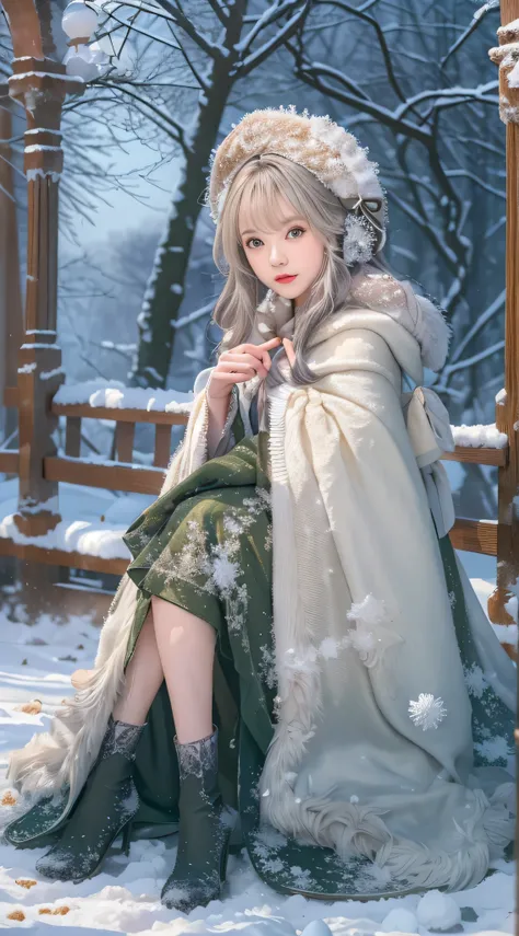 ((works of masters))，(ultra high resolution)，1 girl, sitting, lolita costume，cloak (snow, Outdoor activities in winter:1.2),Outside the castle，8K，Detailed details，laughter，