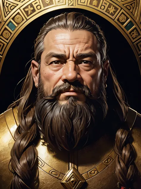 RPG retrato, Moldura de Bronze, fechar-se, Corrida: dwarf, Gender: macho, idade: 30 anos, olhos: Marrom escuro; Cor da pele: Pele clara, cabelo: Castanho encaracolado, physicist: Tez gordurosa, facial features: Barba frondosa, expression: olhar alegre, equ...