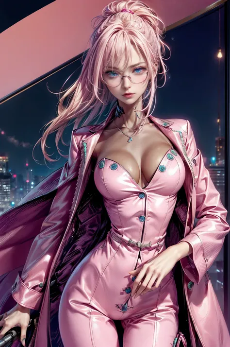 cinematic lighting、highly detailed skin,1 girl, highest quality,cyber punk,(dim color, soothing tone:1.3),(25 year old beautiful woman、Detailed beautiful facial features、blue eyes、slender body、Glasses)(blush、spreading hands)（Shortcut blonde:1.2）break.Glass...