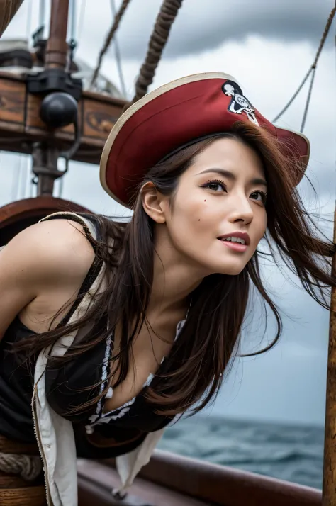 Highest resolution, 4K, Masterpiece: 1.3), A Japanese milf, photo of one lady, Sexy, fine eyes, Slender figure, Realistic teeth, double eyelids, full body, best quality, detailed, female pirate, on the pirate ship, around the sea, body is dirty, serious lo...