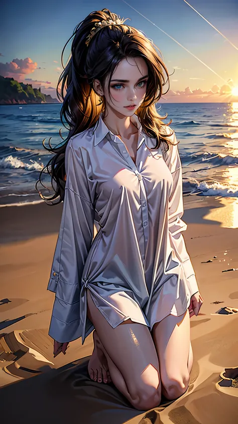 ((masterpiece, Best quality, a high resolution, ultra detailed),(beautiful and aesthetically pleasing:1.2), 1 woman, adult, perfect body, Wavy dark hair, green eyes, hair pulled back into a beautiful ponytail, Detailed eyes and face, long oversized shirt, ...