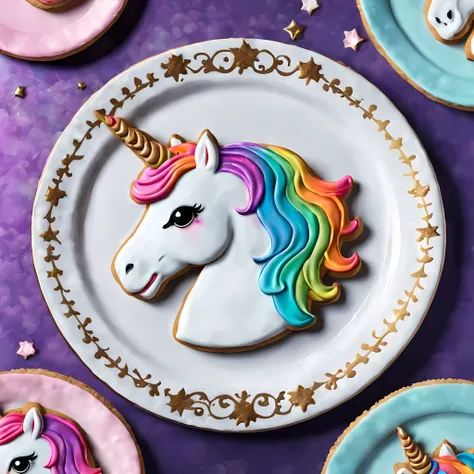 (Cute cartoon style:1.4), masterpiece in maximum 16K resolution, a close up of magical unicorn cookies on a elegant plate. | (Empty) gothic background. | ((More_Detail))