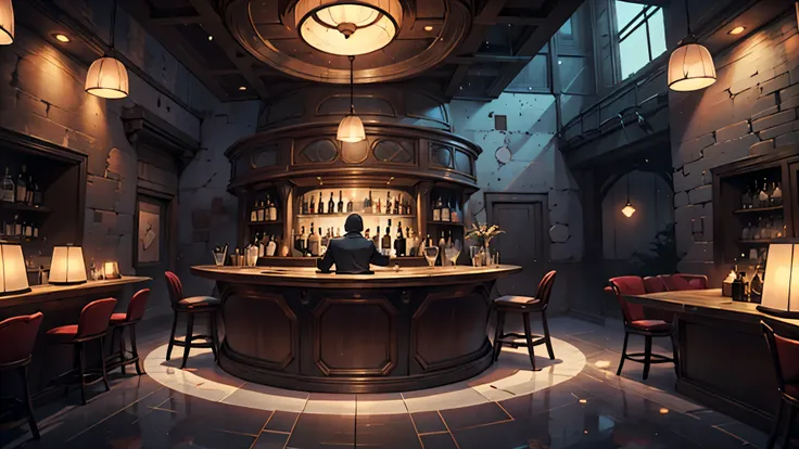 Create an image of cool, Modern bar. top quality, cinematic rendering, single engine, unreal engine. cosy, relaxing bar with a warm atmosphere and twilight, Warm lighting. In the background there is a bar counter with a display case, full of drinks.; Cool ...