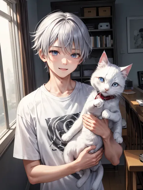 1 boy、silver hair、gray eyes、Holding a cat、white cat、The cat is wearing a shirt staring at the boy、cutter shirt、Detailed design、corner of the room、smooth mash hair、looking here、tall、20th generation、Upper body、smile