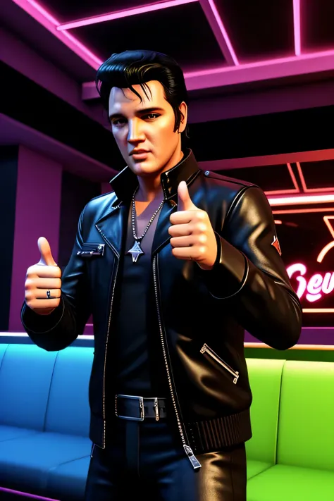 elvis presley posing thumbs up,indoor,nightclub,neon background,gta style,GTA