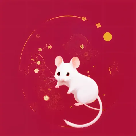 有一只白mouse站在一朵花旁边, mouse, Chinese watercolor style, Chinese painting style, anthropomorphic mouse, Inspired by Puhua, Chinese style painting, Blurry and dreamy illustration, digital painting, Inspired by Kano headquarters, maplestory mouse, procreate illust...