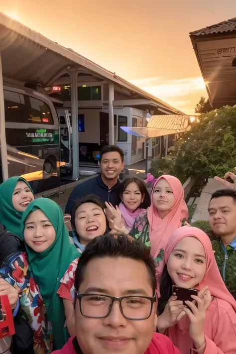 there are many people posing for a picture in front of a bus, with many travelers, touring, selfie, selfie!!!!!, taken on go pro hero8, selfie photo, protrait, by Abidin Dino, student, potrait, selfie photography, vacation photo, with sunset, with village,...