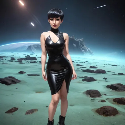 a goth alt asian woman with a pixie cut wearing a bodycon dress on the surface of an alien planet