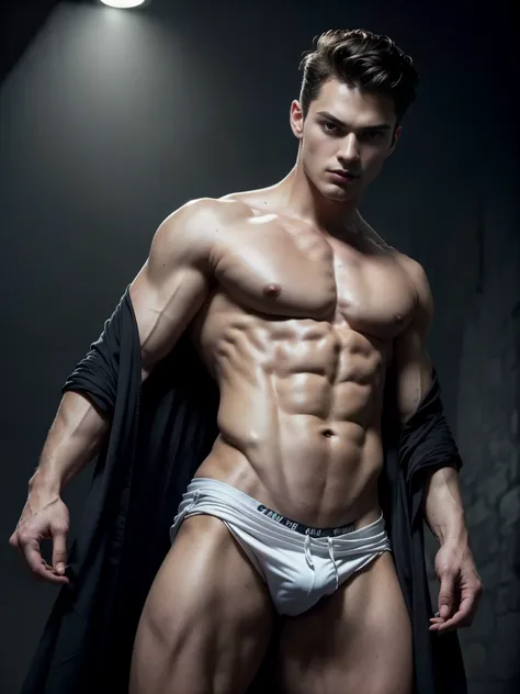 Photorealistic, ((best quality)), ((masterpiece)), (detailed),(full body shot:1.4) masculine portrait of young vampire, 18-year-old male models, handsome, tall, cute looking, evil look, dark look, powerful, young male, handsome model, clean shave, silver e...