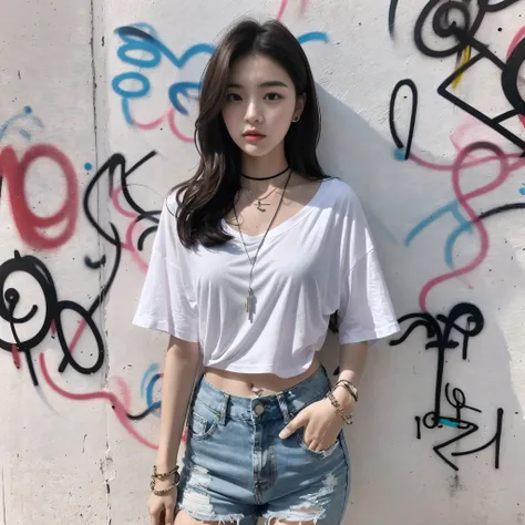 long photo, camera shot from the front, looking at the camera, a beautiful Korean girl standing, in casual clothes, white t-shirt, short jeans, a number of black necklaces, black rings, arms covered in colorful graffiti, white wall background