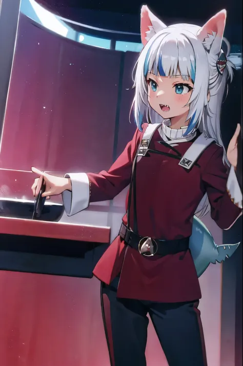 gawr gura
sharp teeth, shark tail
red twokunf uniform