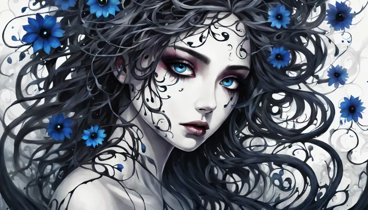 watercolor paint, dangerous girl&#39;position of the center of the entire body&#39;head of, evil eye flower, vines, with the dar...