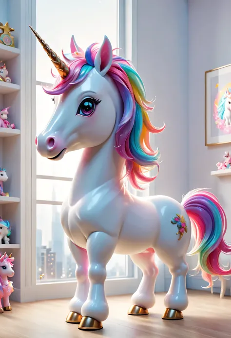 （best quality，4K，8k，high-rise，masterpiece：1.2），Super detailed, beautiful and cute unicorn，Toy，childs room