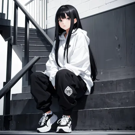 A beautiful and cute girl, long black hair, black and white hoodie, trousers, sneakers, decent, sit, tall, stand stairs, pretty 