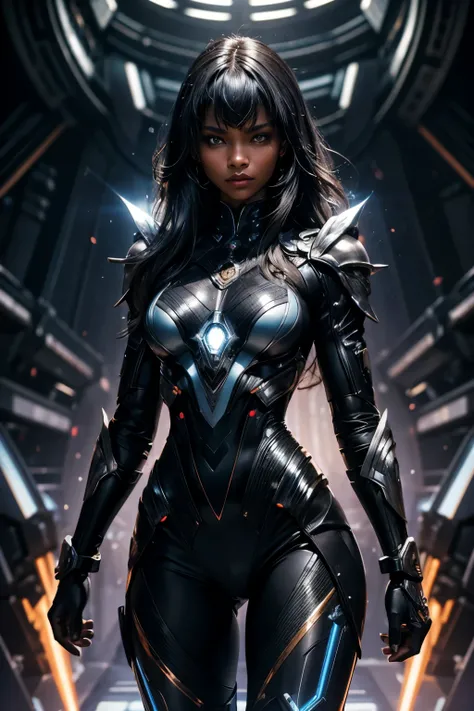 In the heart of a cutting-edge, technologically advanced battlefield, a powerful african Black girl warrior assumes a commanding stance. Her sleek futuristic armor, meticulously crafted with intricate designs and radiant shine, hugs her toned body. The sui...