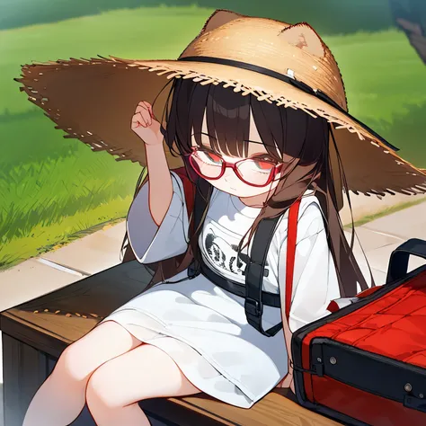 (best quality,masterpiece:1.3),((cute 1 girl:1.2)),(,8 years old:1.4), expressive eyes, perfect face, eye (red), Simple White Headphones, Bucket Hat, wolf hair Black, Round Glasses Black, Tote Bag, oversize shirt, no pant, cafe, low view