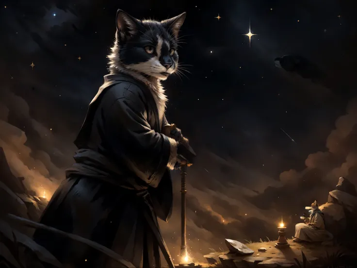 By kenket, Leo, a black and white bicolor cat, black lower lip, standing on hind legs, slightly chonky, wearing astronomers robe, in a magical stargazing tower, looking through an ancient magical telescope pointed at the starry sky, realistic, close up