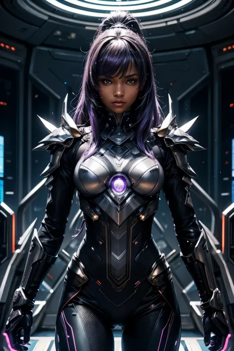 In the heart of a cutting-edge, technologically advanced battlefield, a powerful african Black girl warrior assumes a commanding stance. Her sleek futuristic armor, meticulously crafted with intricate designs and radiant shine, hugs her toned body. The sui...