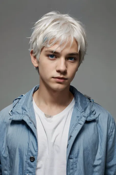 1 boy, Wolf, White and blue fur, young people, blue eyes, messy hair, white hair, short hair, masterpiece, Very detailed, Casual Clothing