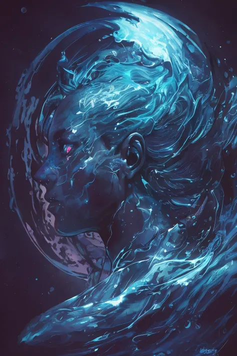 Tattoo of Aquarius, masterpiece, best quality, high quality,(a dark shapeless creature with a dark blue glow and blie eyes and surrounded by water darkness:1.2), (in profile), (darkness:1.2), abstraction, abyssopelagic, award winning photography, Depth of ...