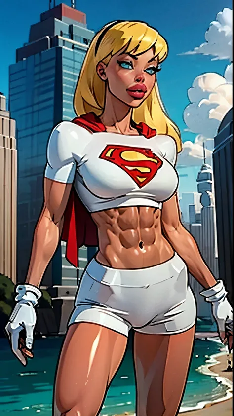 (cowboy shot), SFW, (masterpiece), (best quality: 1.0), (ultra highres: 1.0), detailed eyes,
BREAK,(slendered abs:1.4), Aletta ocean face,
Supergirl, 1girl, long blonde hair,  
Hair band, (white) crop top, dolphin shorts, gloves, boots
BREAK
(clouds, city,...