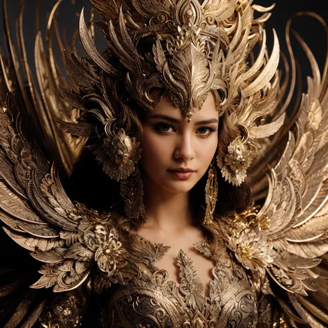 a close up of a woman wearing a golden costume with wings, goddess. extremely high detail,