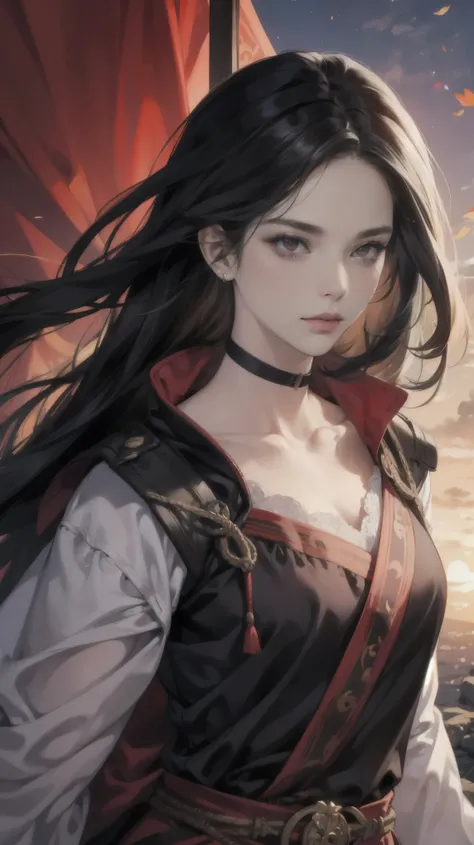 Masterpiece A female warrior who is both beautiful and brave and respectable. Beautiful face, captivating, long black hair, red eyes, wearing medieval military armor