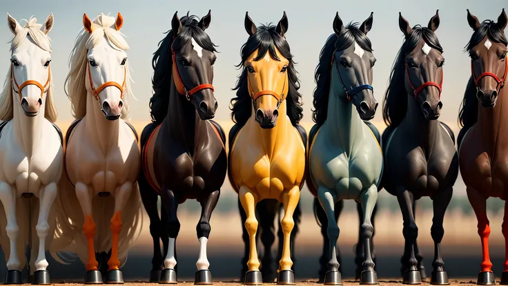 1 gray skin horse and 1 black skin horse and 1 red skin horse and 1 blue skin horse and 1 yellow skin horse and 1 green skin horse and 1 orange skin horse