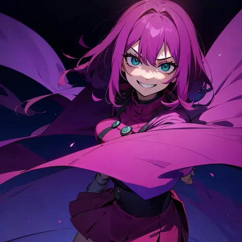 1 girl, dark pink hair, green eyes, beautiful girl, villain, grin, psycho, psycho smirk, straight hair, (((noble cloth))), short skirt, purple cloth, detailed eyes