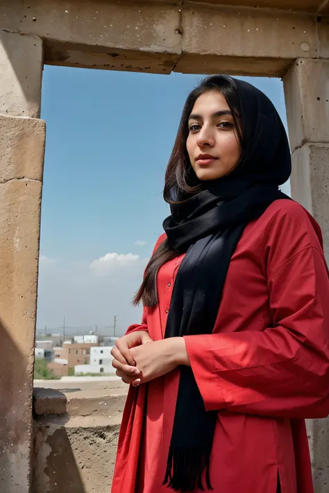 "Describe the life and aspirations of a 25-year-old Pakistani woman named Aisha, who elegantly wears a red shalwar kameez and a hijab. With her captivating brown eyes and flowing black hair, delve into Aishas daily routine, her cultural values, and the dre...