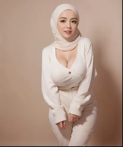 vogue style front view photo shoot of malay 20years old young woman wear ((white sweater)) with pastel colored background in wes...