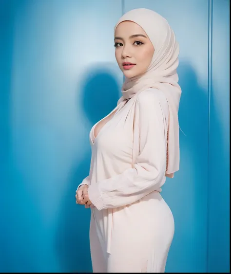 vogue style front view photo shoot of malay 20years old young woman wear ((white sweater)) with pastel colored background in wes...