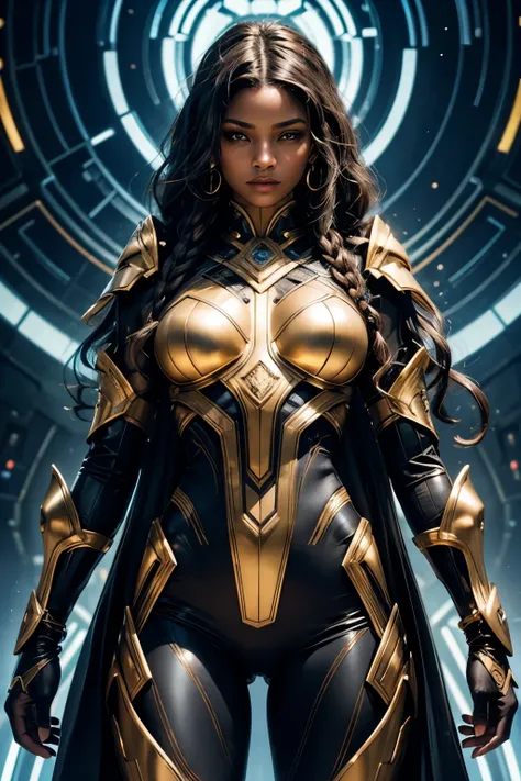 In the heart of a cutting-edge, technologically advanced battlefield, a powerful african Black girl warrior assumes a commanding stance. Her sleek futuristic armor, meticulously crafted with intricate designs, radiant shine and gold lights, hugs her toned ...