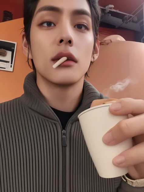 arafed man with a cigarro na boca and a cup of coffee, pegando seus tacos e bebendo), fumando um cigarro🚬, cigarro na boca, smoking a joint, segurando uma bebida, bebendo e fumando, fumando um cigarro, Kim taehyung, taehyung kim, taehyung, taehyung do bts,...