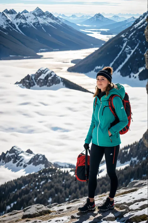 Arafed Femme sexy, une femme, avec un sac à dos standing on a snowy mountain, vêtements de randonnée, le modèle porte un gilet technique, Un portrait complet de la femme nordique, fille debout sur la montagne, Porter un équipement d&#39;aventure, avec un s...