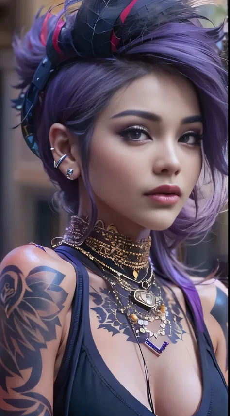 1 stunning female, fair skin, inner purple colored hair,  tattoo on the arm, piercing, street fashion,