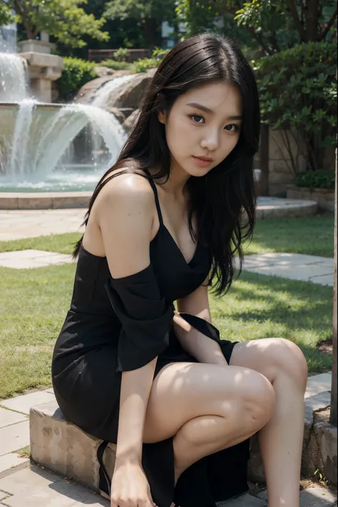 hot realistic korean girl age 20 sexy black dress summer park black hair with blue eyes waterspring sunny day selfie 